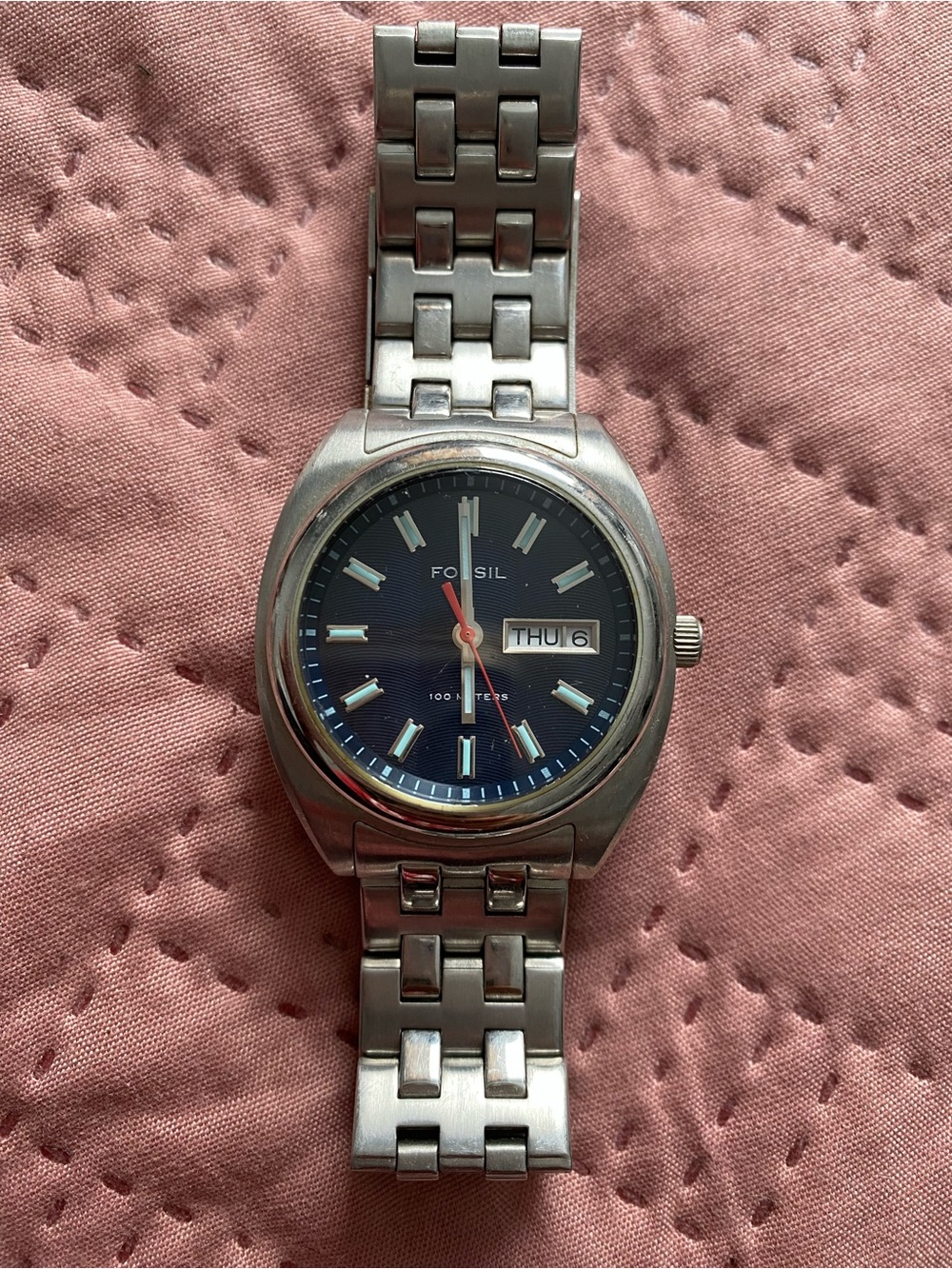 Vintage Fossil Men's Silver Stainless Steel Watch with Blue Dial
